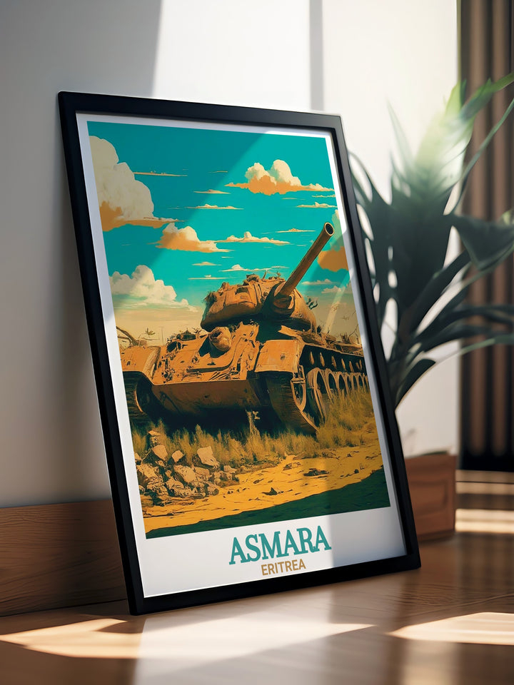 Breathtaking vintage print of Tank Graveyard in Asmara, showcasing a blend of natural decay and historical resilience.