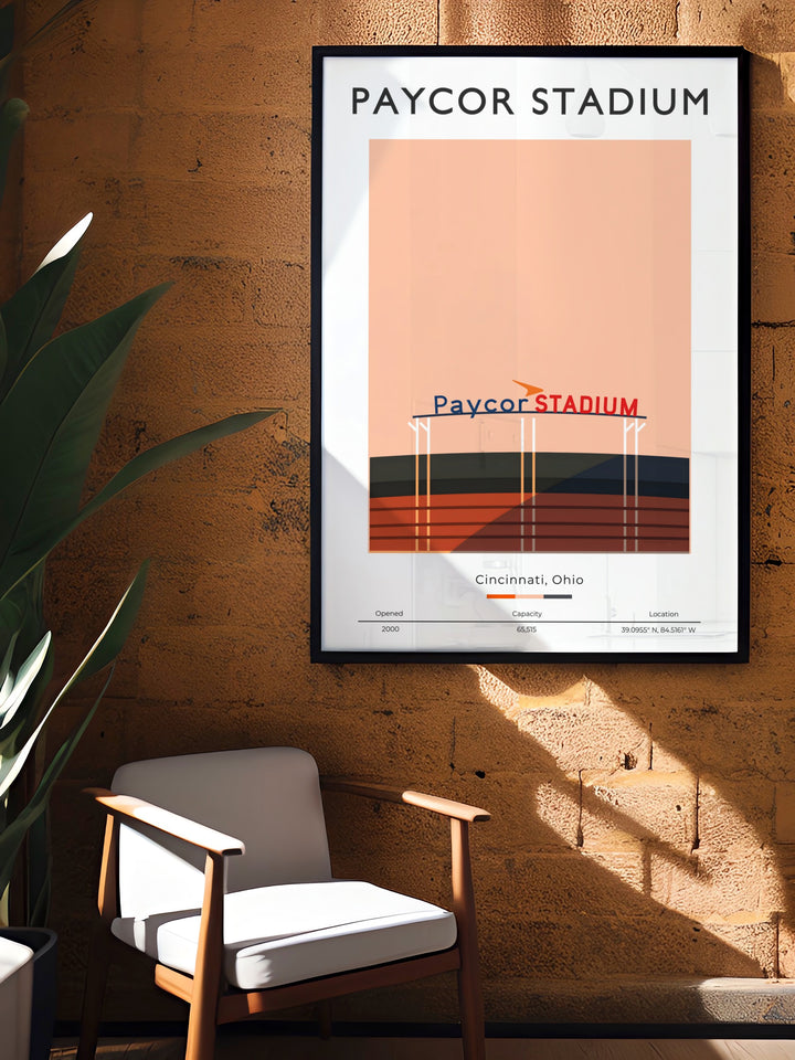 Celebrate Cincinnati Bengals with this Paycor Stadium poster featuring Joe Burrow and Tyler Boyd the perfect football fan gift or home decor piece for those looking to bring NFL excitement to their living space with retro NFL art