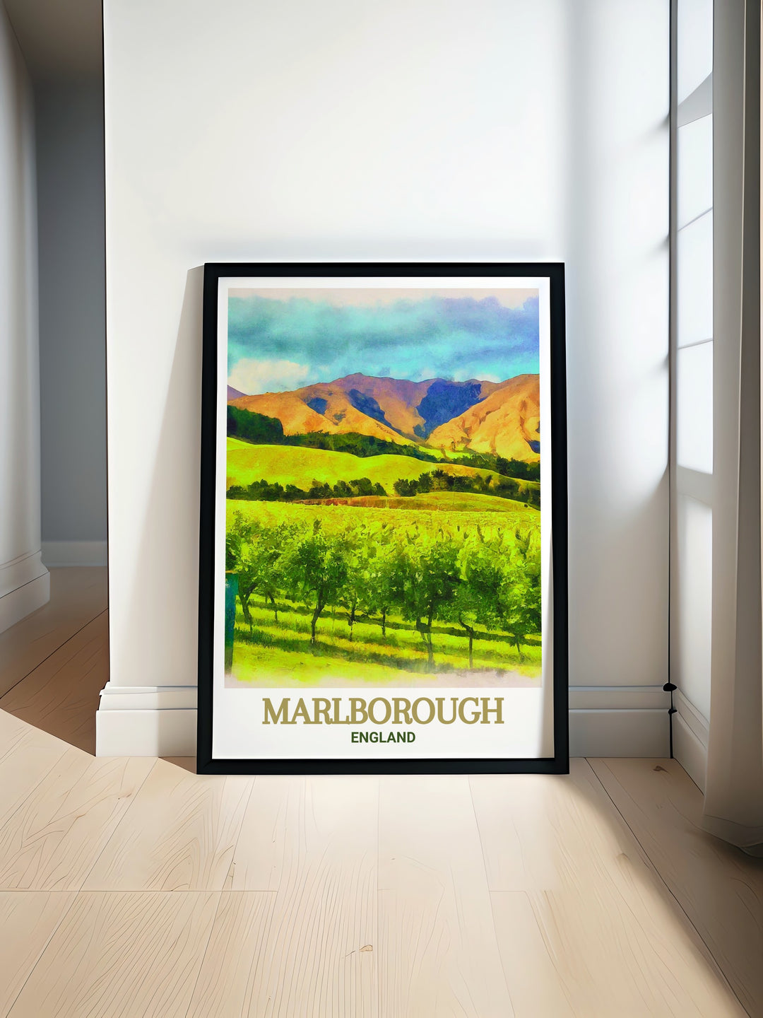 Scenic wall art of Cloudy Bay Vineyards, featuring vibrant colors and detailed landscapes. An exquisite addition to any decor. This print brings the tranquil beauty of Marlborough into your home, providing a constant reminder of New Zealands natural charm.