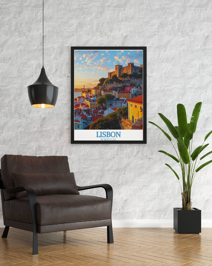Our Portugal print of Sao Jorge Castle is a stunning representation of Lisbons most famous architectural masterpiece. This wall art captures the essence of Portuguese heritage and design.