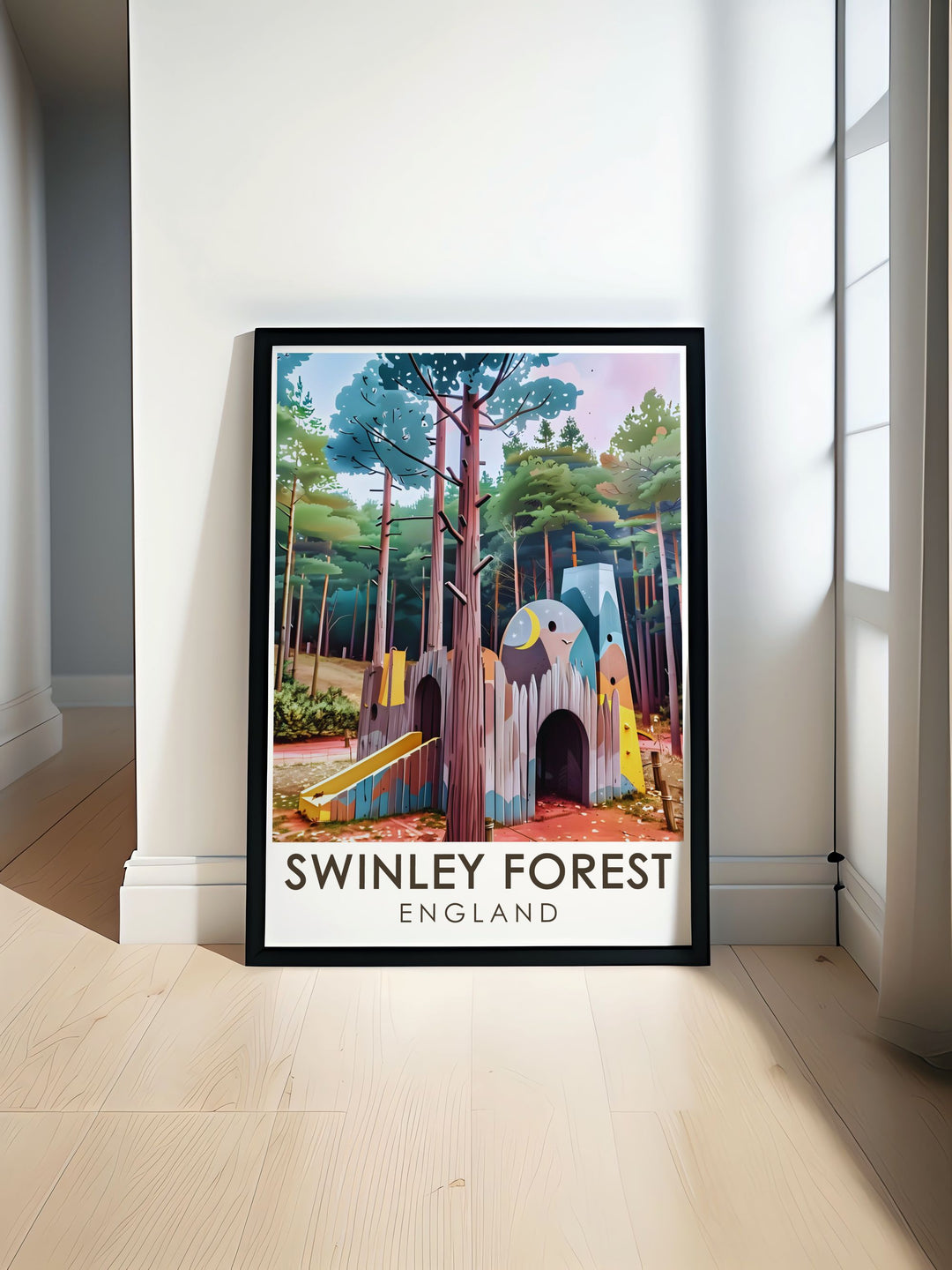 Swinley Forest print showcases a stunning mountain biking trail near Look Out Discovery Centre offering cycling art for biking enthusiasts. This poster features dynamic scenery perfect for any cycling lovers wall decor or home living room decoration.