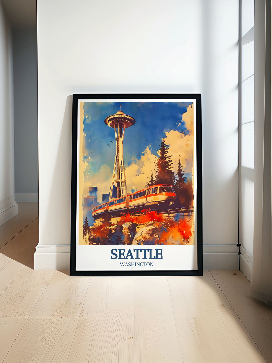 Seattles skyline is brought to life with this Space Needle and Monorail Print. The bold colors and striking design make this a perfect travel gift for those who love the Emerald City. The high quality print ensures it remains vivid and vibrant for years.