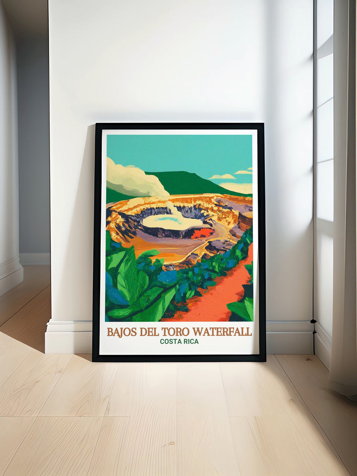 A richly detailed poster of Poás Volcano National Park in Costa Rica highlighting the volcanic crater and the diverse ecosystem surrounding it. This artwork is ideal for anyone who wants to add a touch of adventure to their home décor.