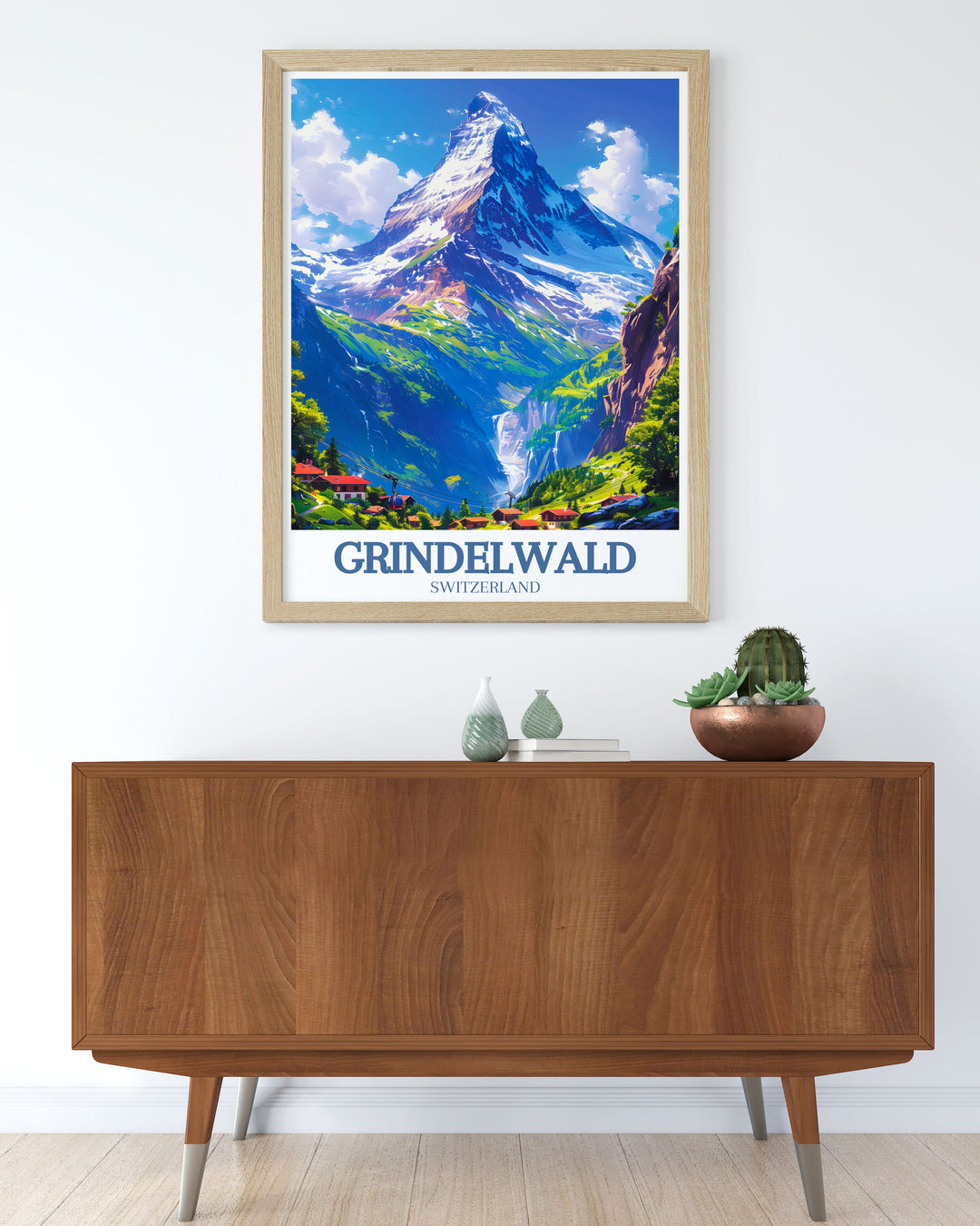 A vibrant illustration of Eiger mountain Grindelwald First highlighting the scenic beauty of the Swiss Alps. Perfect for any room this Grindelwald First wall art brings the majestic mountain views into your home.