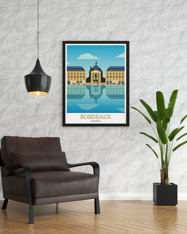 Capture the timeless beauty of Bordeauxs Place de la Bourse with this exquisite art print. The detailed depiction of the squares classical design is perfect for adding a piece of French cultural heritage to your home decor