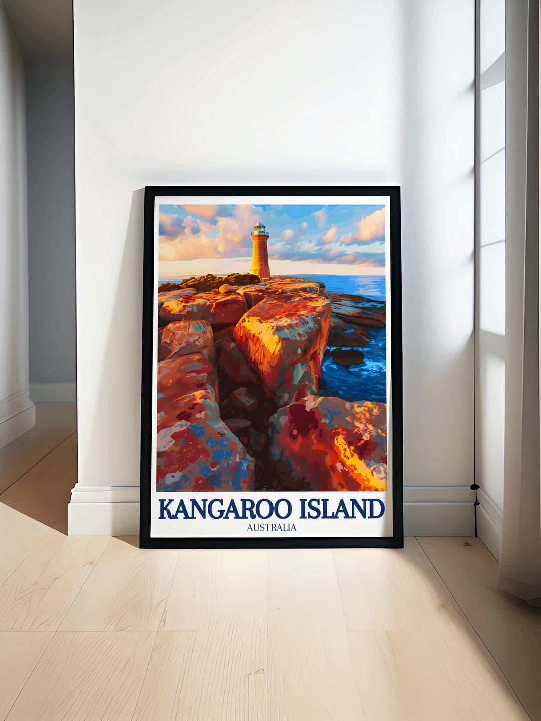 This Kangaroo Island wall art beautifully illustrates the rugged landscapes of the Remarkable Rocks and the Cape du Couedic Lighthouse, adding a touch of Australias untamed beauty to your space.