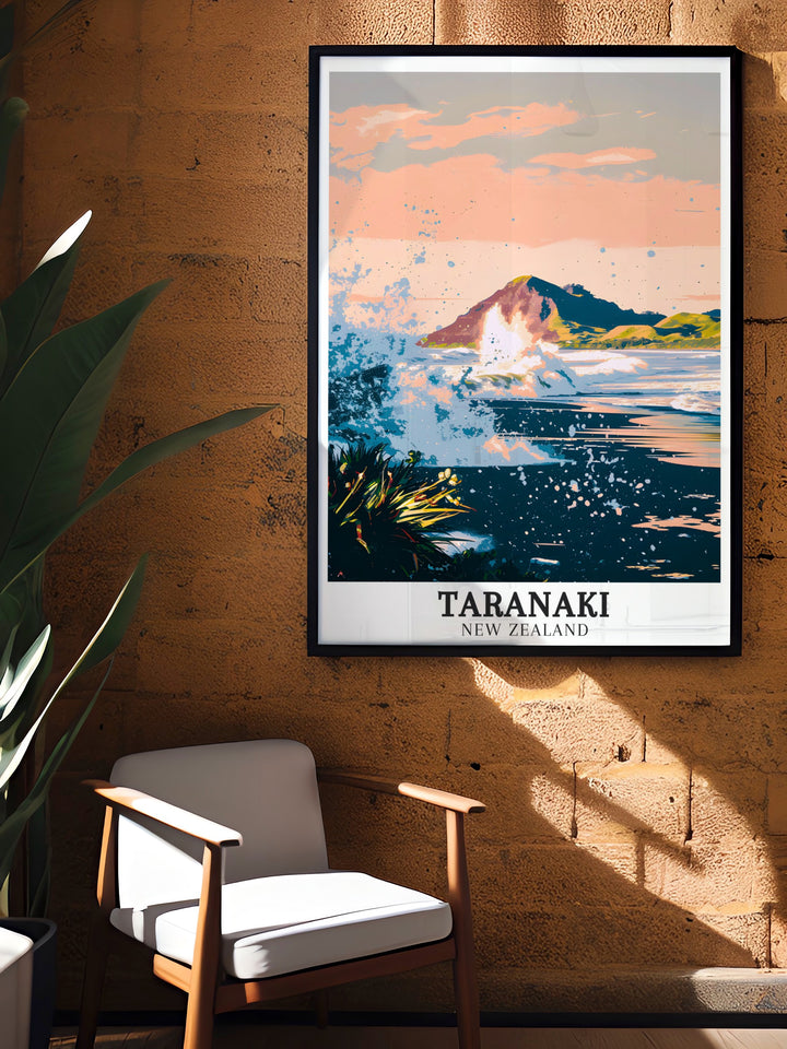 Modern Back Beach New Plymouth print showcasing the scenic Taranaki region with its lush greenery and coastal beauty offering an elegant addition to any New Zealand art collection