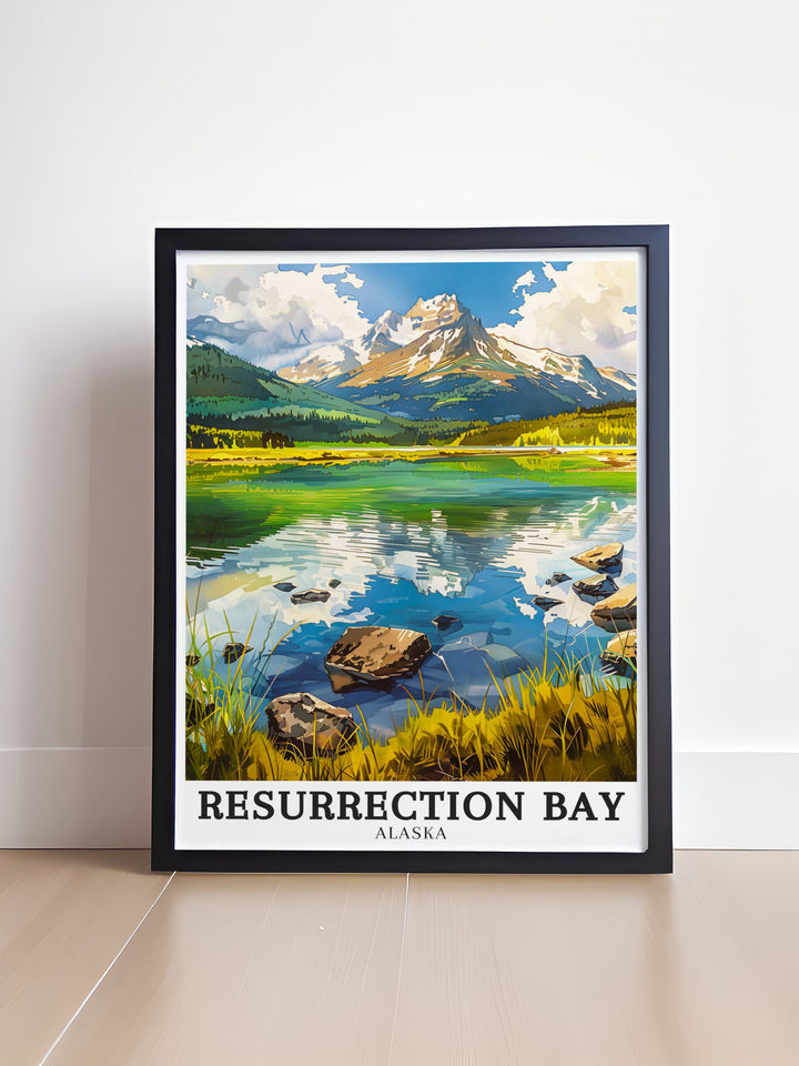 Add a touch of Alaskas wild beauty to your decor with this art print of Resurrection Bay, Mount Edgecumbe, and Aialik Bay. The travel poster captures the dramatic landscapes of Alaska, perfect for home or office wall art.