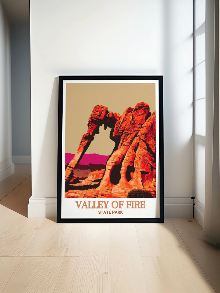 Nevada travel print featuring Elephant Rock in Valley of Fire State Park. The detailed artwork captures the vibrant colors and unique features of this famous landmark, making it an ideal gift for nature enthusiasts and art lovers.