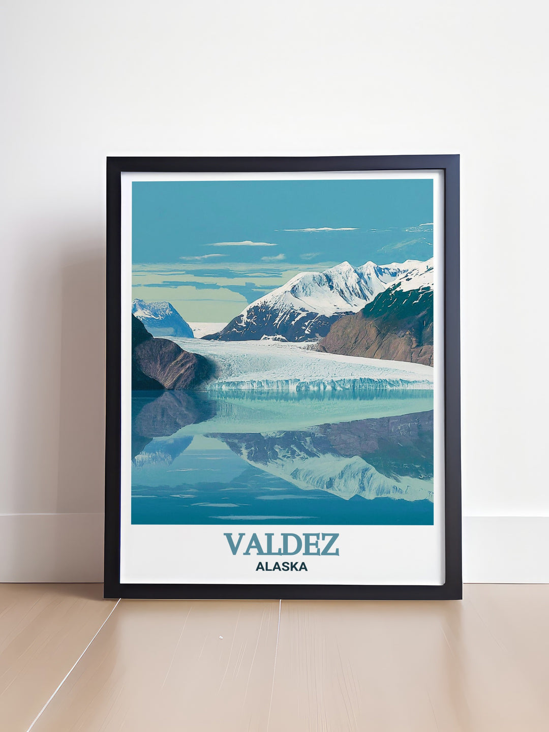 This vintage inspired Alaska poster highlights the natural grandeur of Valdez and the surrounding areas, including the Columbia Glacier. Perfect for collectors of travel art, this piece offers a timeless tribute to Alaskas stunning scenery.