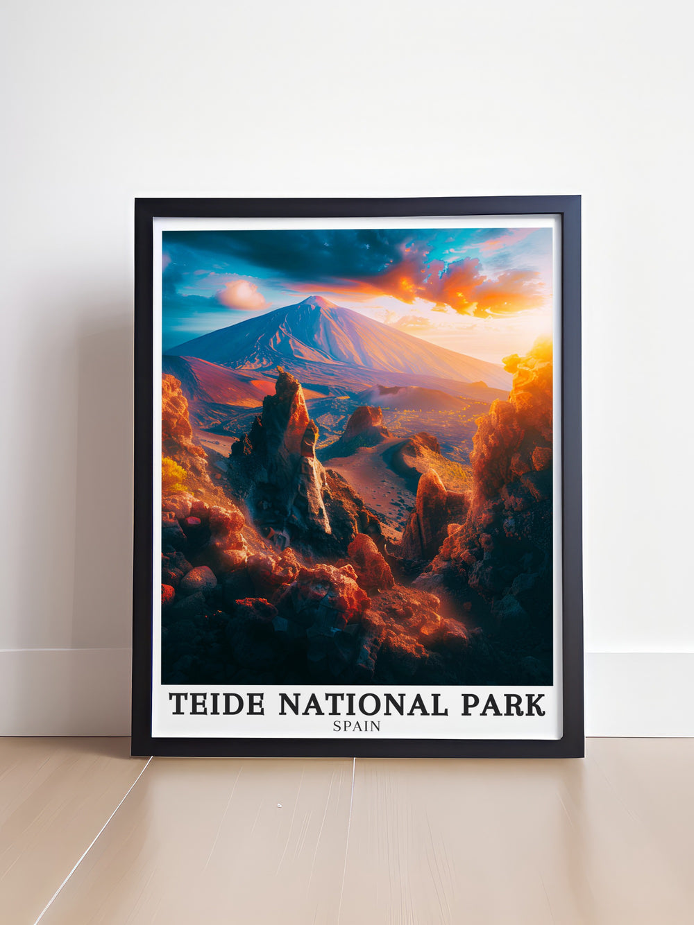 Our Teide National Park travel poster captures the volcanic beauty of Tenerife, featuring the iconic Teide Volcano and the mysterious Roques de Garcia. This artwork brings the spirit of Spains natural landscapes into your home, offering a perfect addition to any wall.