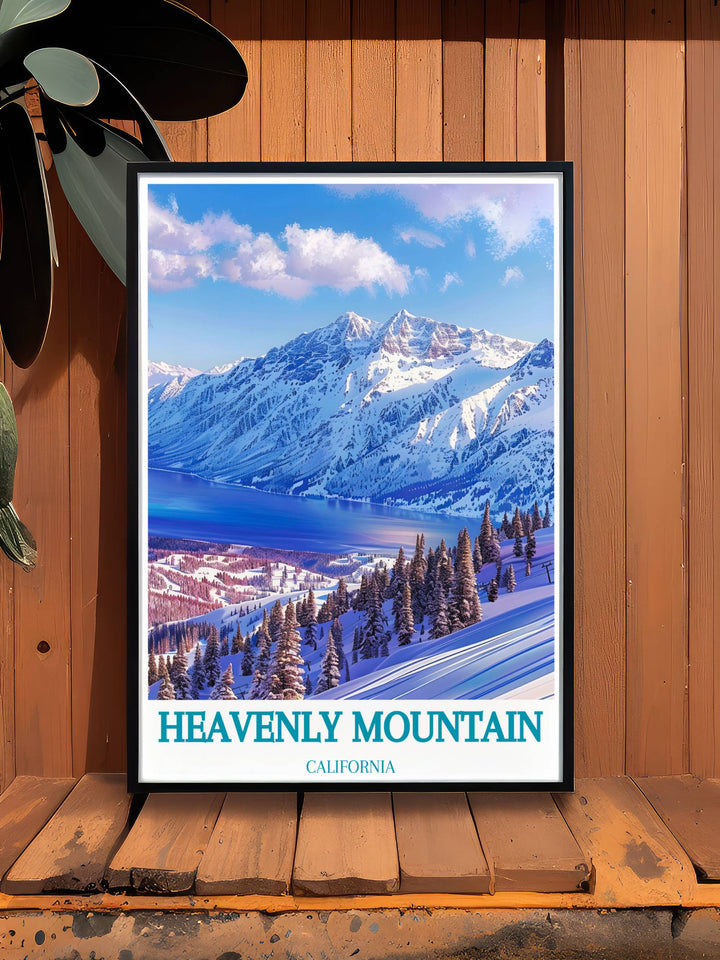 Heavenly Ski Resort captured in a vibrant winter scene with snow covered slopes and skiers making their way down the mountain. This artwork reflects the excitement of skiing and the serene beauty of the alpine environment, making it a great addition to any room that celebrates winter sports and snowy vistas.