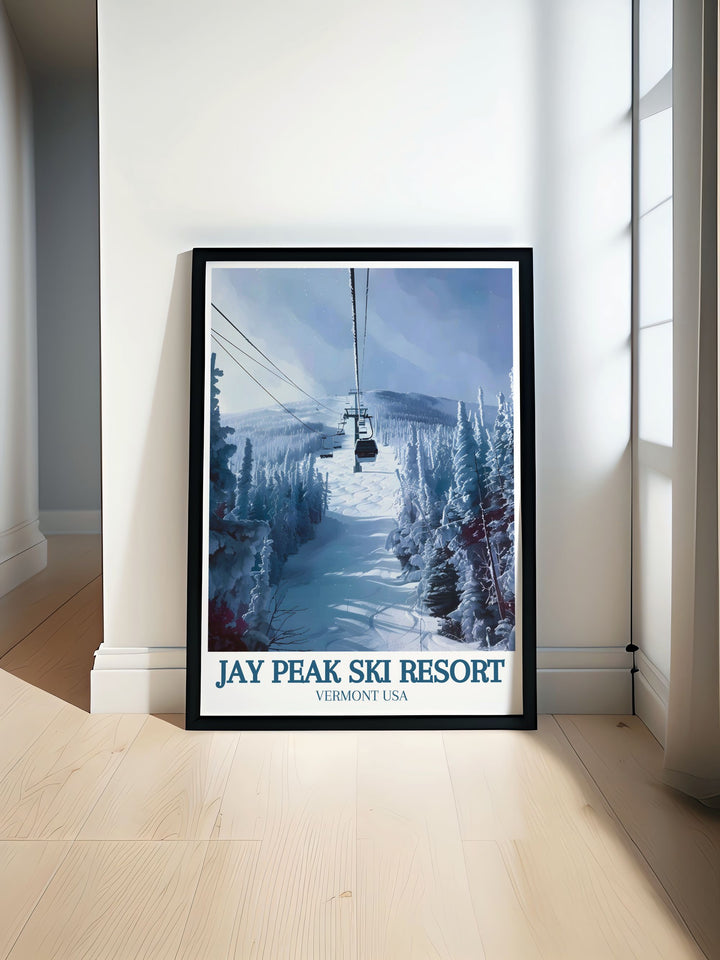 This travel poster showcases Jay Peak Ski Resort and the rugged Vermont mountains, offering a stunning view of the regions natural beauty. Perfect for ski lovers and outdoor enthusiasts, this art print brings the best of New England into your space.