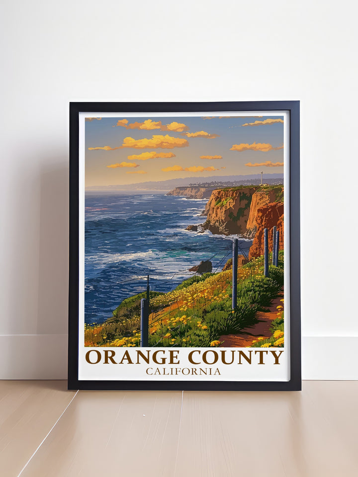 Orange County travel art print highlighting the beauty of Dana Point Headlands and its stunning ocean views. Perfect for those who love Californias coastlines, this artwork offers a sleek, minimalist design that fits seamlessly into any modern décor. Available in various formats, including framed and digital options.