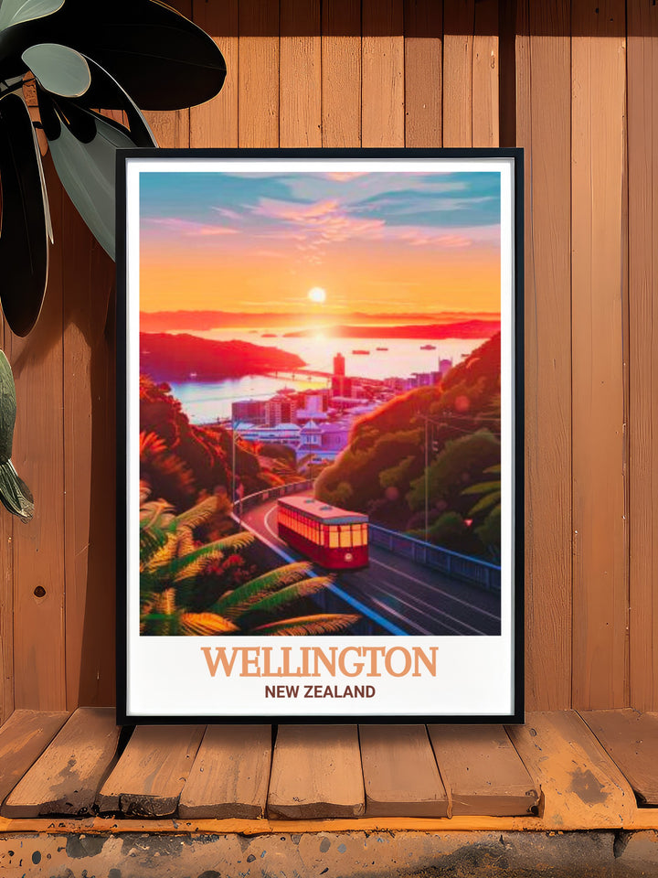 Canvas art of Wellingtons famous red cable car, offering a striking view of the citys skyline and natural landscapes. This New Zealand travel poster adds a touch of Kiwi charm to any room, ideal for travel themed décor.