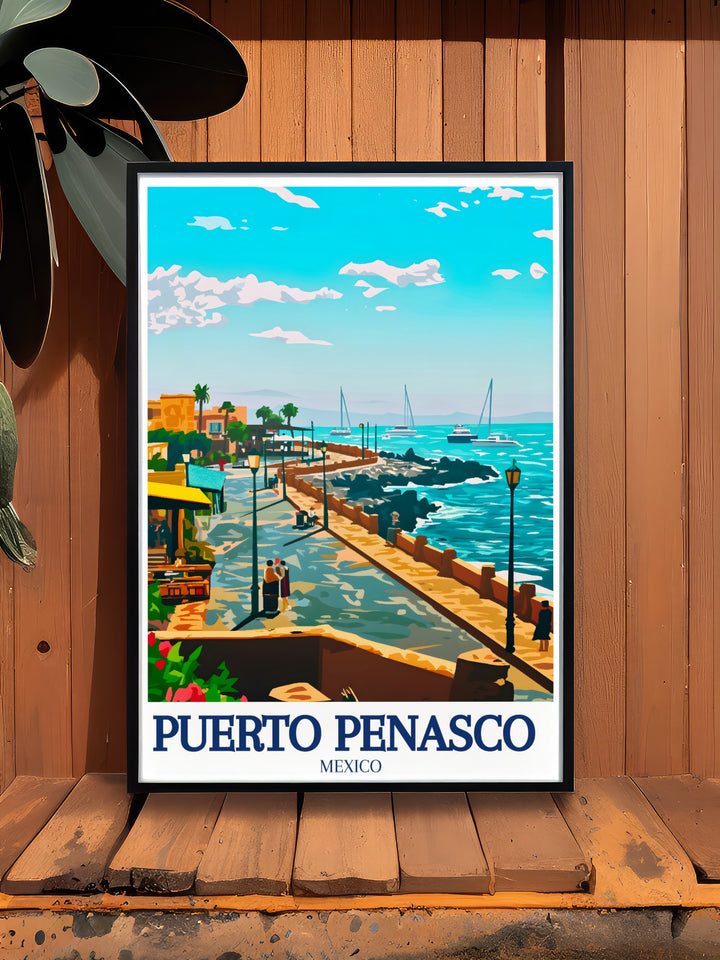 Discover the coastal beauty of Puerto Peñasco with this vibrant travel print, featuring a stunning view of the Malecon and Sea of Cortez. Perfect for anyone who loves beach destinations, this art print brings the charm of Mexicos coastline to your home decor, capturing the essence of the towns bustling energy and serene waters.