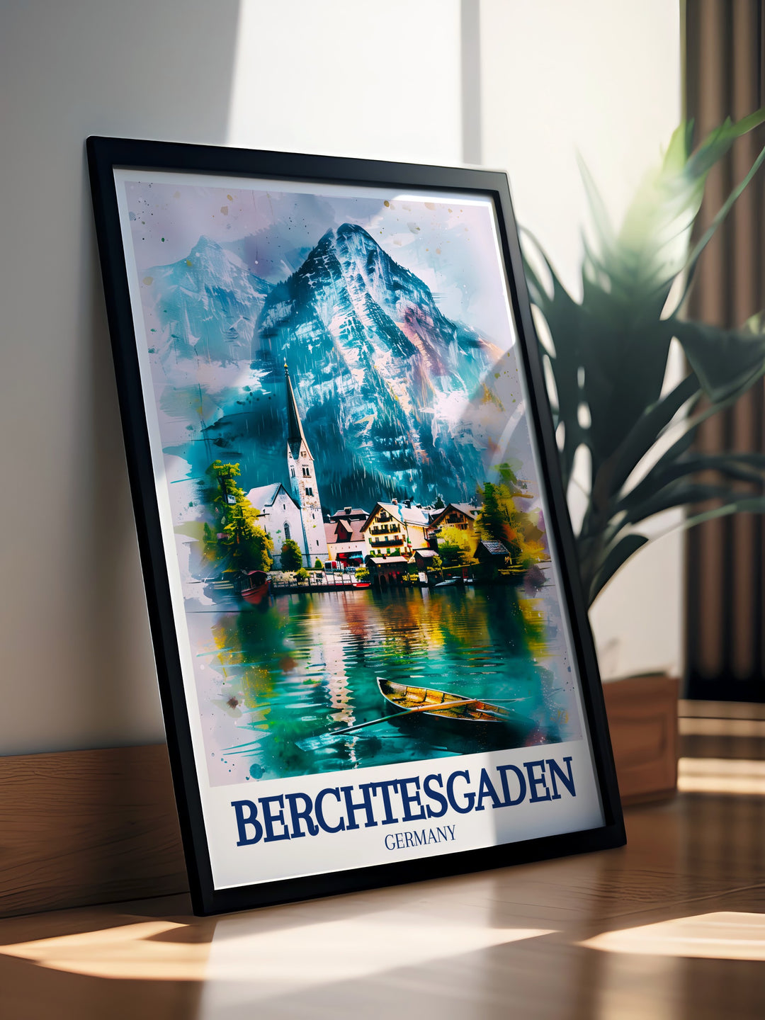 This Berchtesgaden poster print captures the stunning landscapes of the Bavarian Alps, featuring Kings Lake and Ramsau Village. Perfect for travel enthusiasts and lovers of German art, this piece brings the serene beauty of the Berchtesgaden region into your home as a timeless addition to your décor.