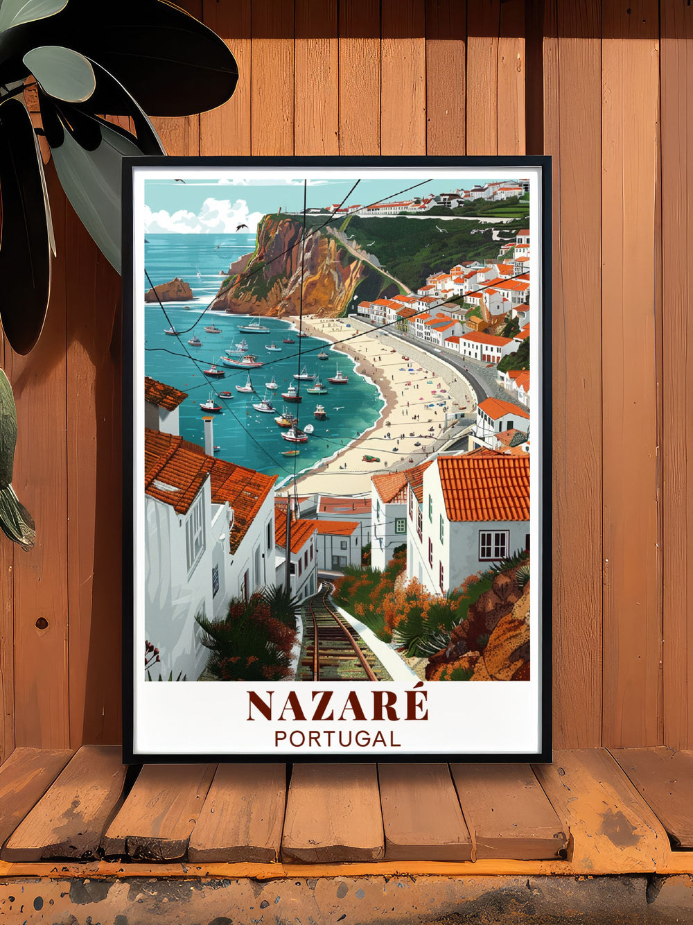 Elegant Traditional Fishing Village modern print capturing the charm of Nazare Portugal a perfect addition to your wall art collection bringing the lively coastal atmosphere into your living space