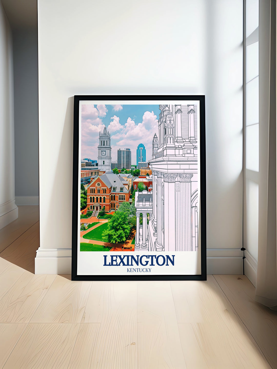 Beautiful Lexington Kentucky wall art featuring the vibrant Lexington skyline and historic Transylvania University perfect for decorating any room