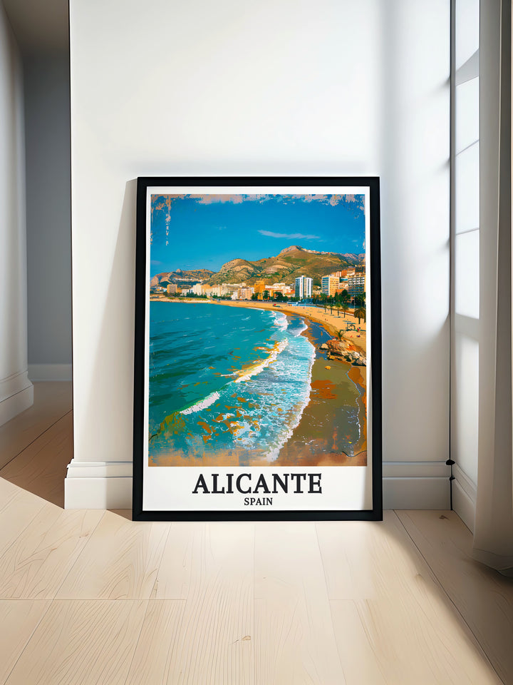 Alicante Art Print featuring Playa de San Juan and Mediterranean Sea in a stunning black and white fine line design perfect for adding a touch of elegance to any home decor and as a thoughtful gift for special occasions such as birthdays anniversaries or Christmas