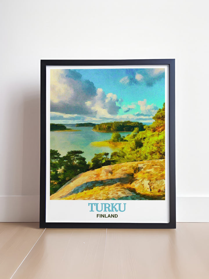 Experience the natural beauty of the Turku Archipelago with this wall print. Perfect for adding a serene touch to your home, this artwork showcases the islands and waters of Finlands most beautiful archipelago, making it a timeless addition to any decor.