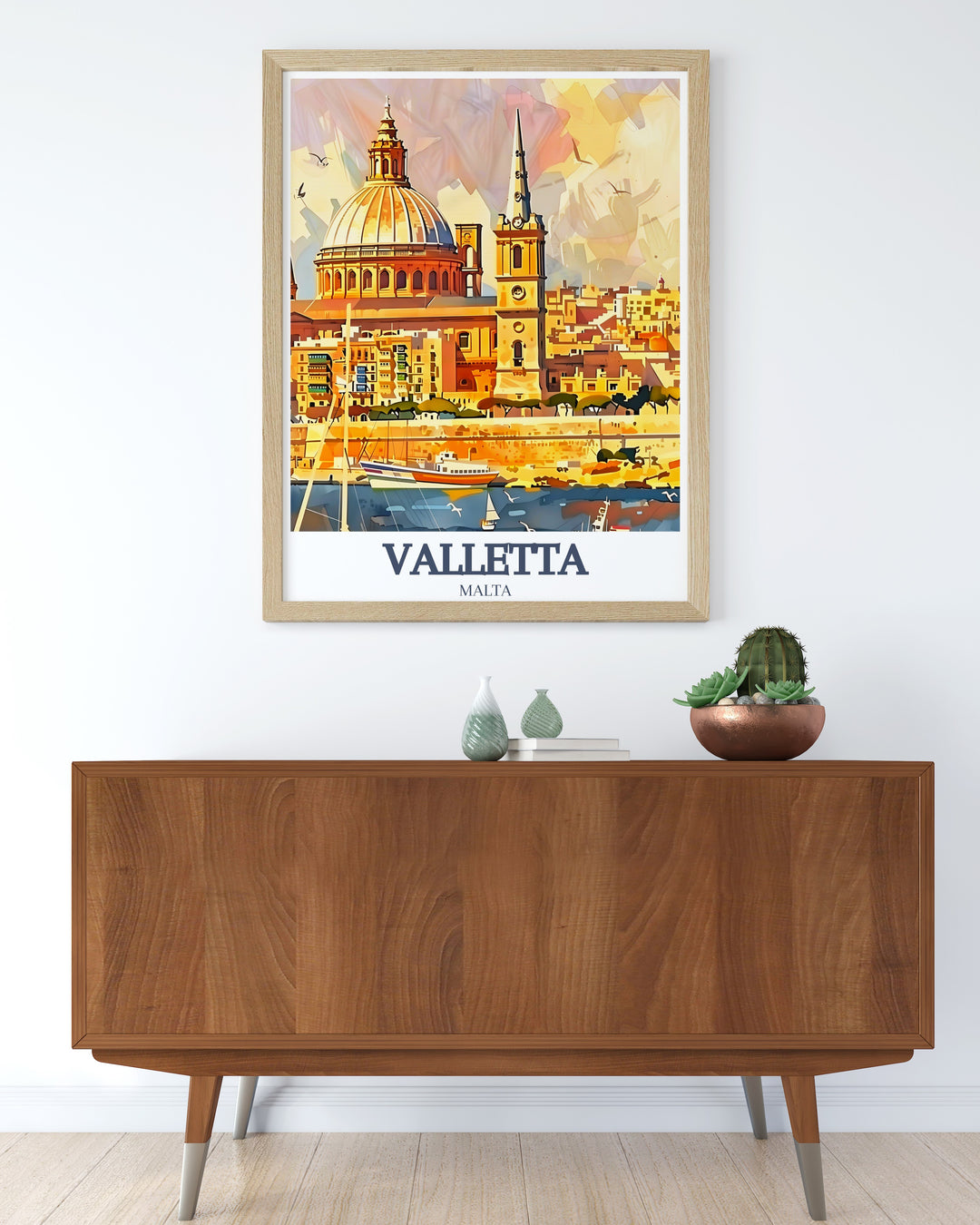 This vibrant travel print of Valletta captures the architectural grandeur of St. Johns Co Cathedral and the sweeping views of the Grand Harbour. An ideal addition to your home decor for anyone who adores Maltas historic landmarks.