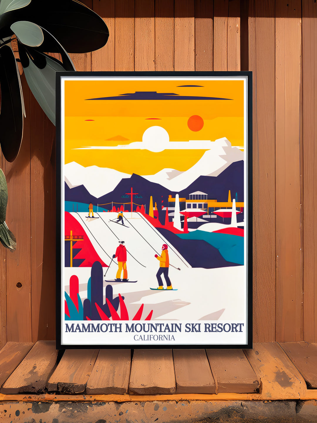 Our Mammoth Mountain Travel Print captures the essence of the iconic ski resort, complete with its famous halfpipe and vibrant après ski atmosphere. This framed print is the perfect décor for those who cherish winter sports and the culture that surrounds them.