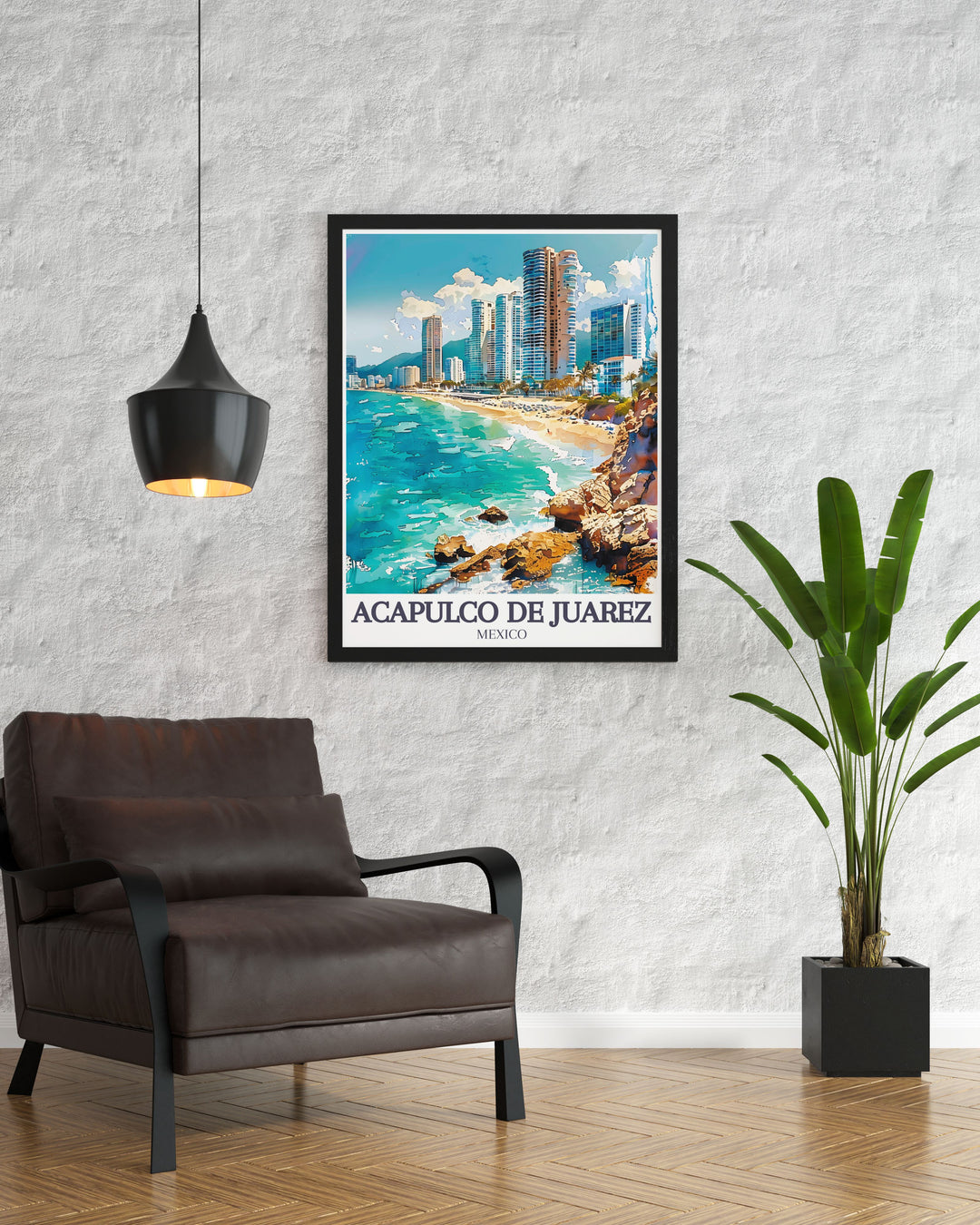 This poster of Acapulco de Juárez showcases the majestic Acapulco Bay and the iconic Las Torres Gemelas, offering a glimpse into the citys unique appeal.