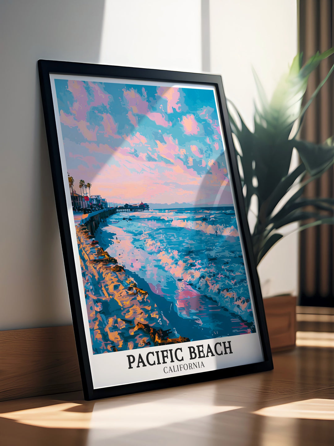 Add a touch of coastal charm to your home with this Pacific Beach print, featuring the iconic Crystal Pier and sun kissed boardwalk. Ideal for those who love beach decor or want to celebrate Californias stunning coast.