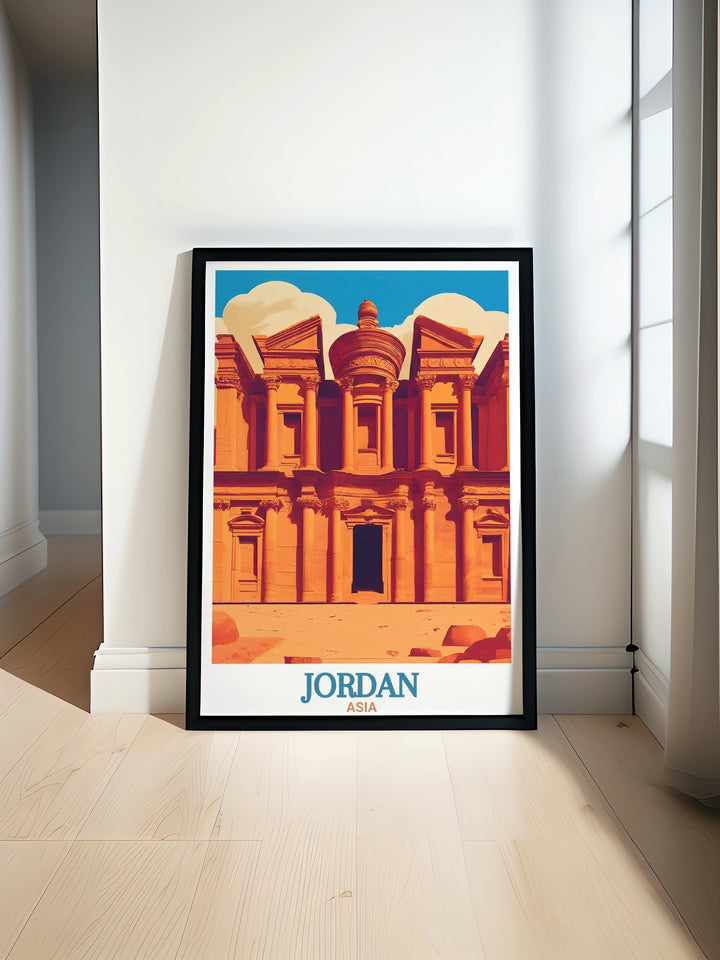 Bring the wonders of Jordan into your home with this stunning travel poster. Featuring the ancient city of Petra and the modern skyline of Amman, this art print is a beautiful reminder of Jordans rich heritage and unique landscapes.