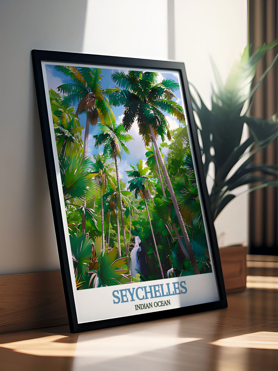 This Seychelles Poster Print features the stunning Vallée de Mai, a UNESCO World Heritage site. The detailed art print captures the lush greenery and unique tropical vegetation of this natural reserve, showcasing the rare Coco de Mer palms that grow in Seychelles. Perfect for anyone looking to add tropical beauty to their home décor.