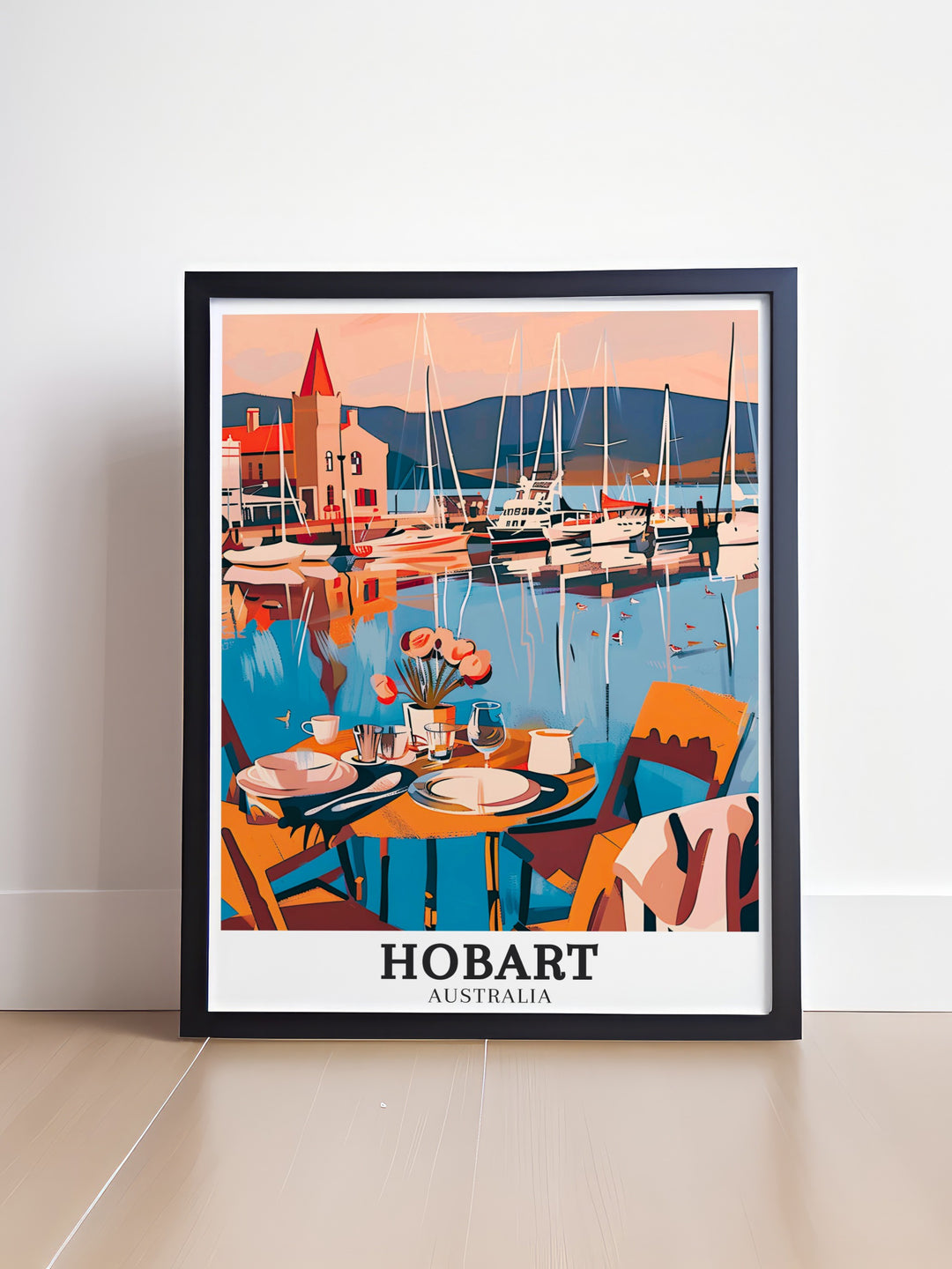 Captivating Hobart artwork portraying the Hobart Ferry Terminal and the River Derwent in Australia. The print emphasizes the architectural beauty of the terminal and the tranquil ambiance of the river, perfect for bringing a touch of Australian charm into your living space