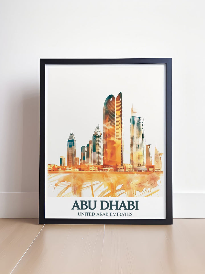 Beautiful poster of the Burj Mohammed Bin Rashid in Abu Dhabi. This vintage print showcases the towers grandeur and is a great addition to your home decor. Ideal as a unique gift for those who love Abu Dhabi and the United Emirates.