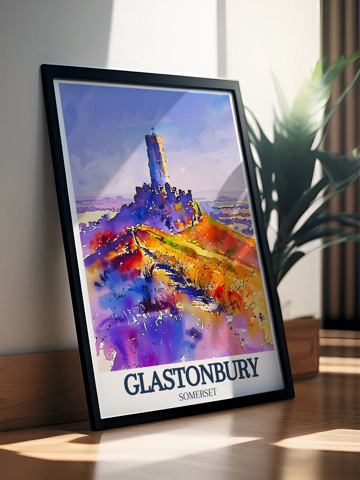 Elegant Glastonbury Tor art print highlighting the beauty of St. Michaels tower and Somerset levels an excellent choice for UK wall prints collectors and those seeking unique England travel gifts or stunning home decor.