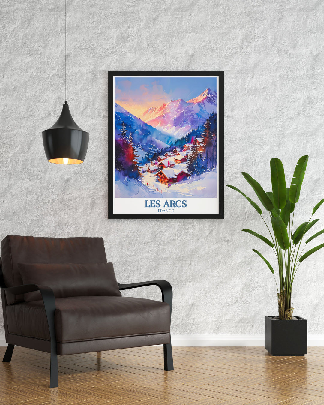 Vintage ski poster of Aiguille Rouge Mont Blanc in Les Arcs perfect for adding a touch of classic ski charm to your living room or office and celebrating the thrill of skiing