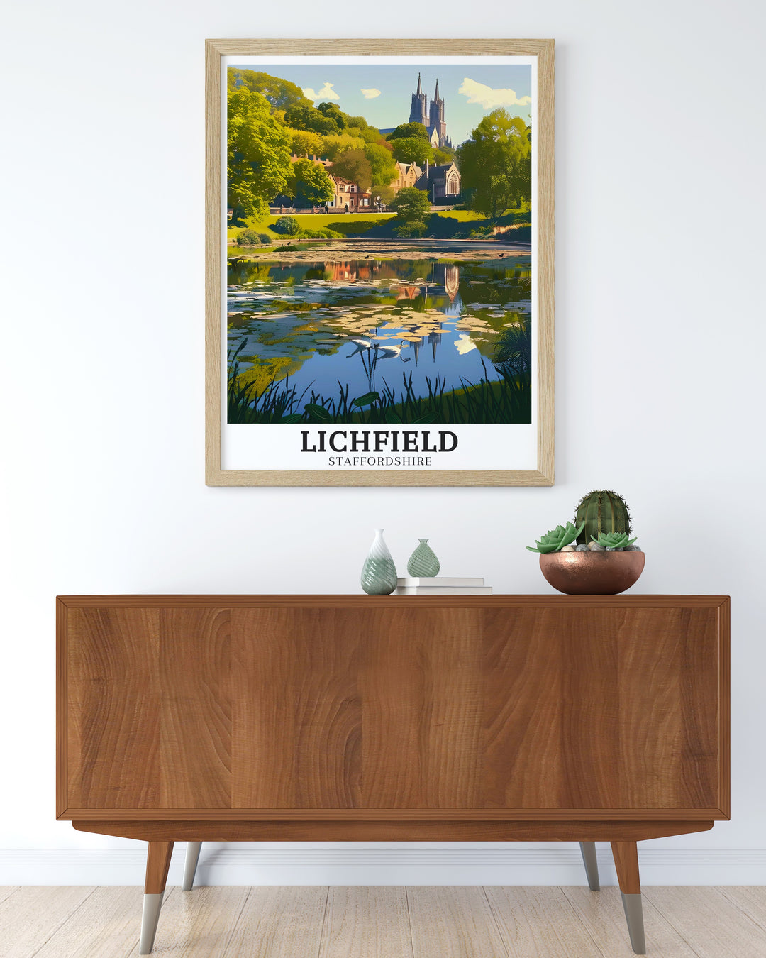 Bring the beauty of Lichfield into your home with this canvas art featuring Beacon Park and Minster Pool. The artworks detailed depiction of the towns natural and architectural wonders makes it a thoughtful gift for anyone who loves the charm of the English countryside.