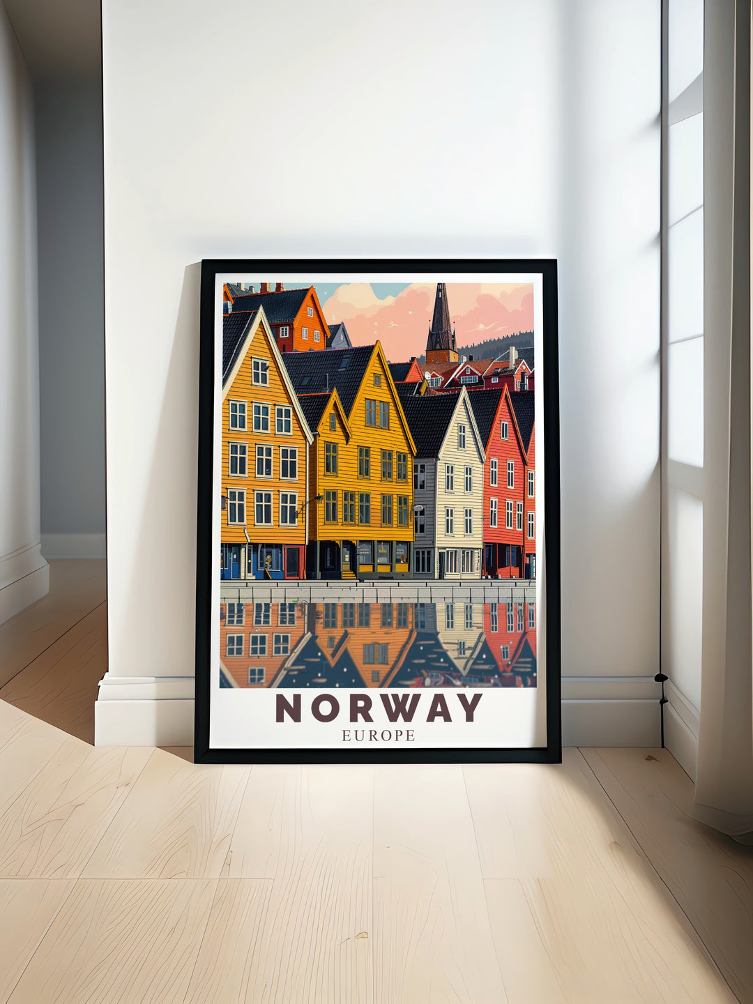 Flekkefjord poster featuring Norwegian Mountain views and charming streets perfect for modern home art and elegant wall hanging with Bryggen Bergen stunning living room decor and prints