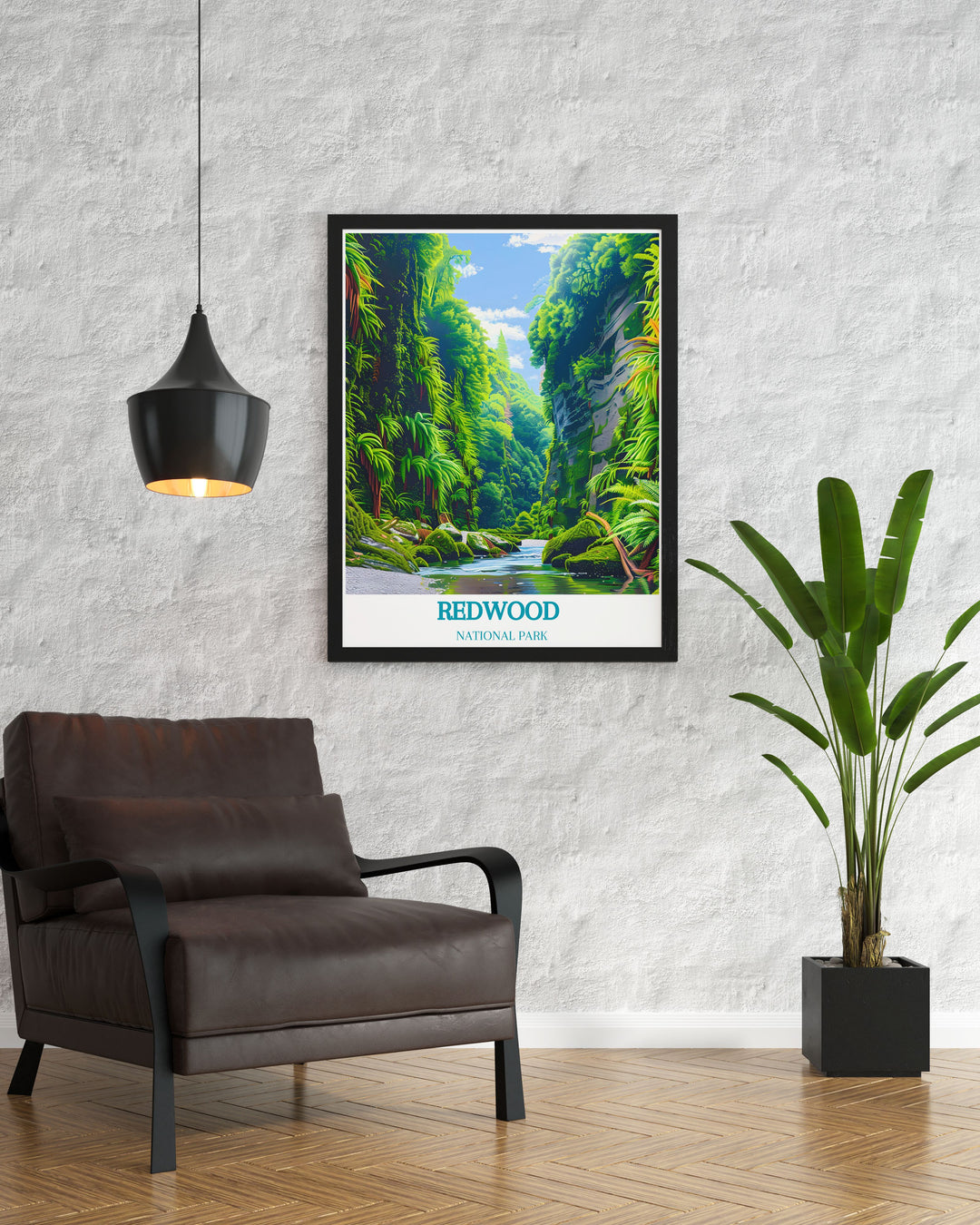 Exquisite Fern Canyon framed print capturing the vibrant ferns and majestic redwoods of California perfect for enhancing living room and office decor