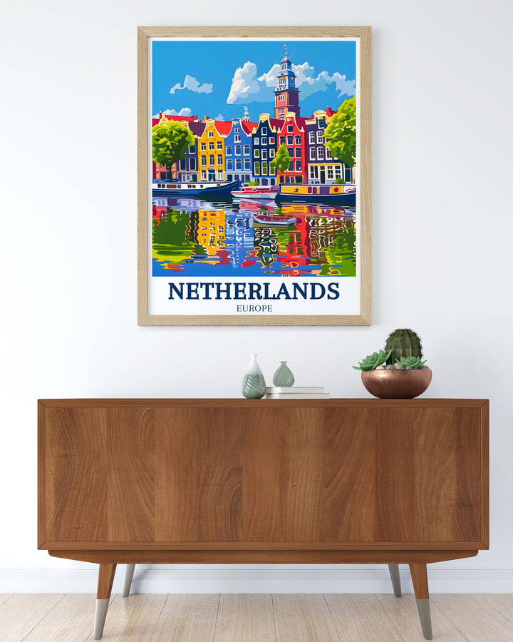 Beautifully crafted framed print of Amsterdam Canal Westerkerk ideal for those who appreciate Dutch culture and scenery this piece features vibrant tulips and iconic windmills making it a perfect gift for travel enthusiasts and art lovers