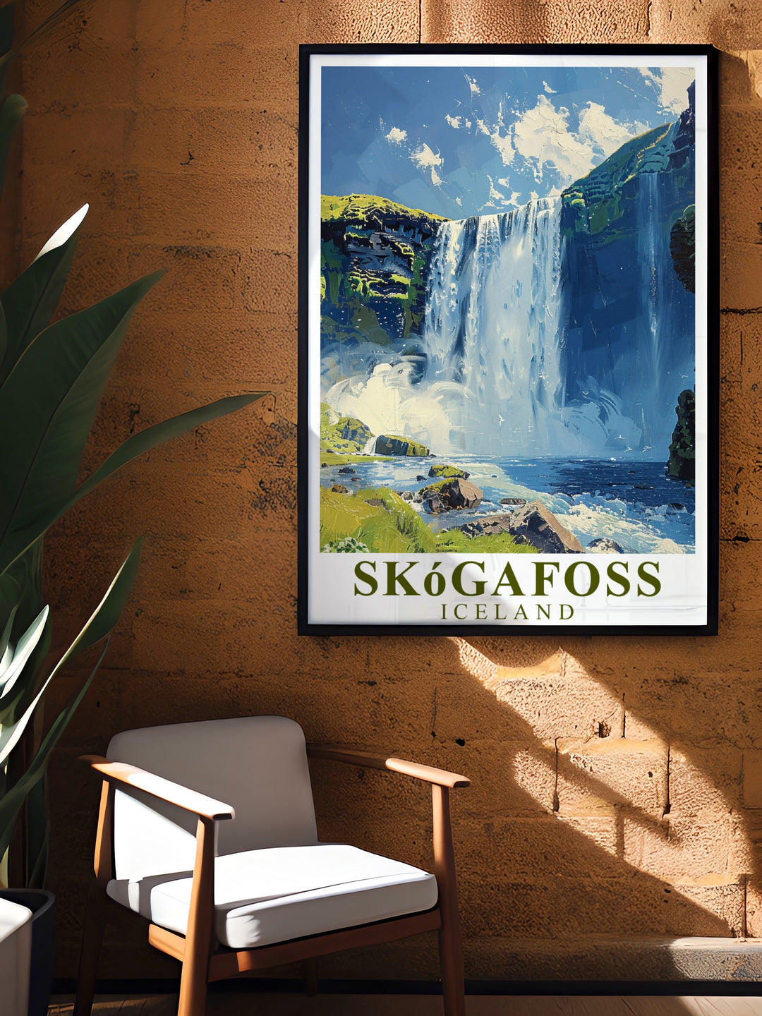 Skogafoss Waterfall Poster Print featuring the impressive waterfall against a rugged Icelandic landscape offering a beautiful representation of nature as Waterfall Stunning Prints and Elegant Home Decor ideal for transforming your space into a gallery of Icelandic wonders