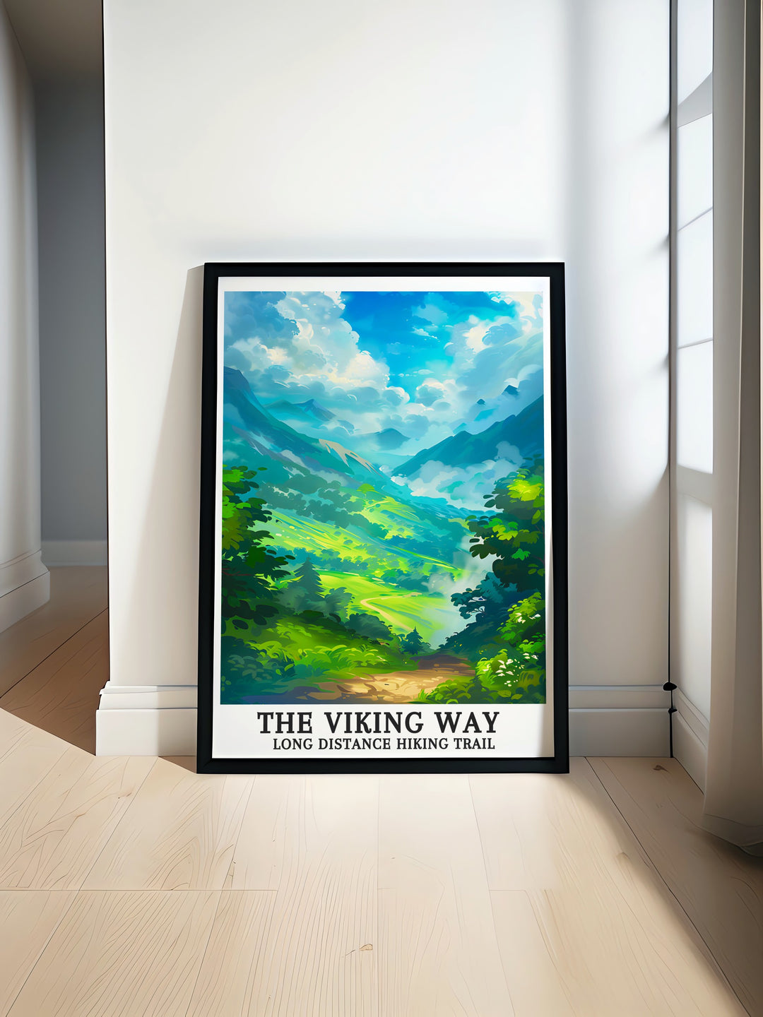 Lincolnshire travel print featuring The Viking Way Long Distance Hiking Trail and Trolltinden mountain peaks. A captivating view of the trail known for its scenic beauty and historical significance. The vibrant colors and detailed illustration make it a standout piece for any art collection.