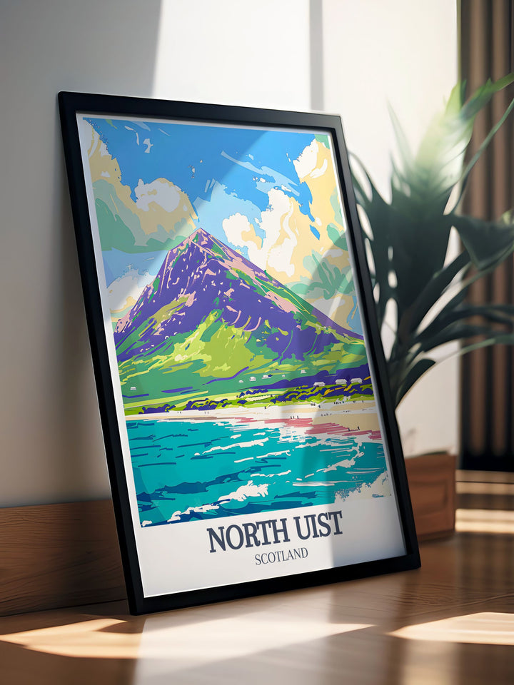 Bring the charm of North Uist into your home with this travel poster featuring Eaval Mountain and Sollas Beach. This canvas print offers a unique glimpse of the Outer Hebrides landscapes, perfect for decorating your living room or as a thoughtful gift for nature enthusiasts.