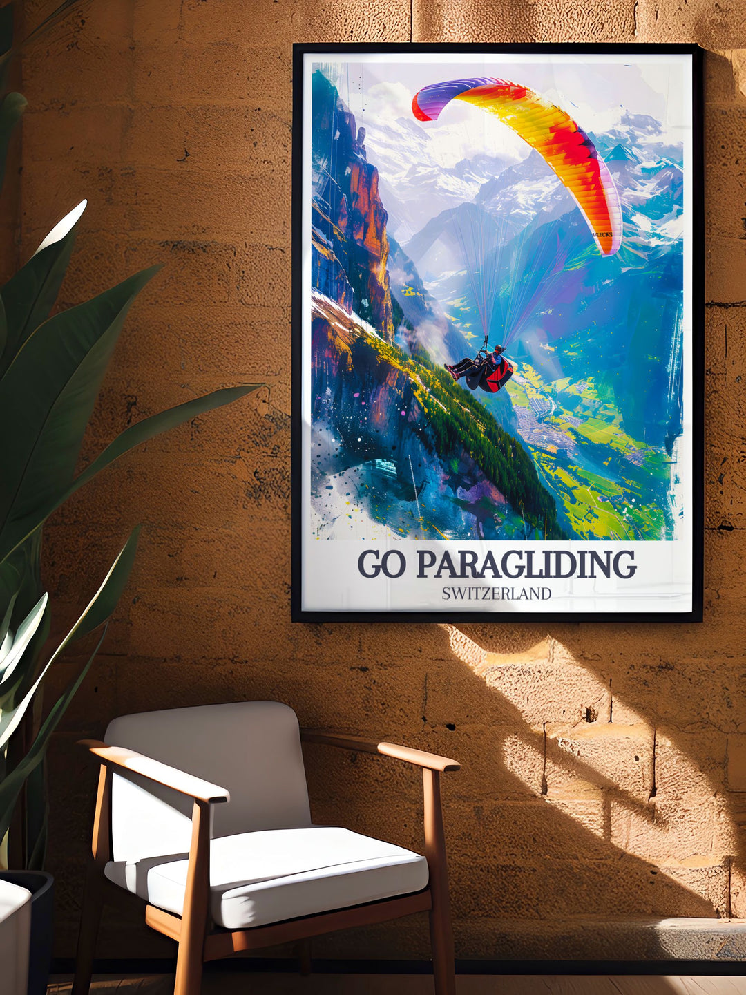 Modern wall decor of paragliding in the Swiss Alps, emphasizing the thrill and beauty of the sport with detailed artwork of Interlakens landscapes.