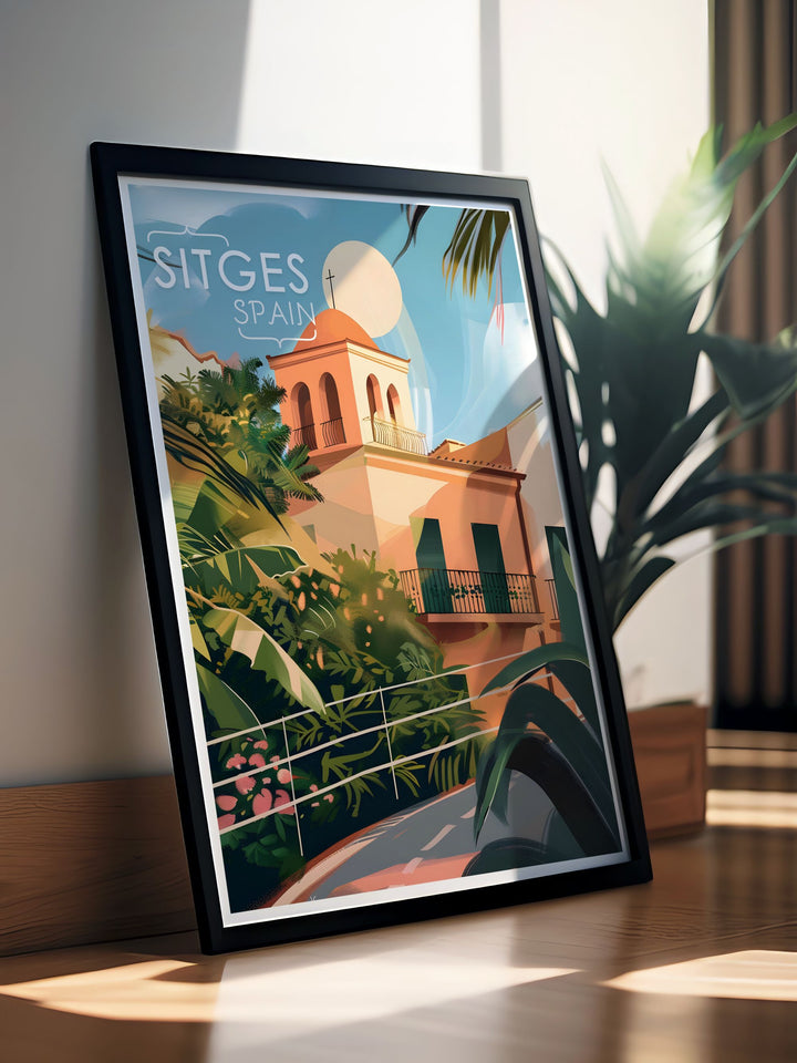 Featuring the stunning coastal town of Sitges and its iconic Church of Sant Bartomeu i Santa Tecla, this travel poster is perfect for anyone who loves Spains scenic beauty and history. The vibrant colors and intricate design make it a beautiful piece for any room.