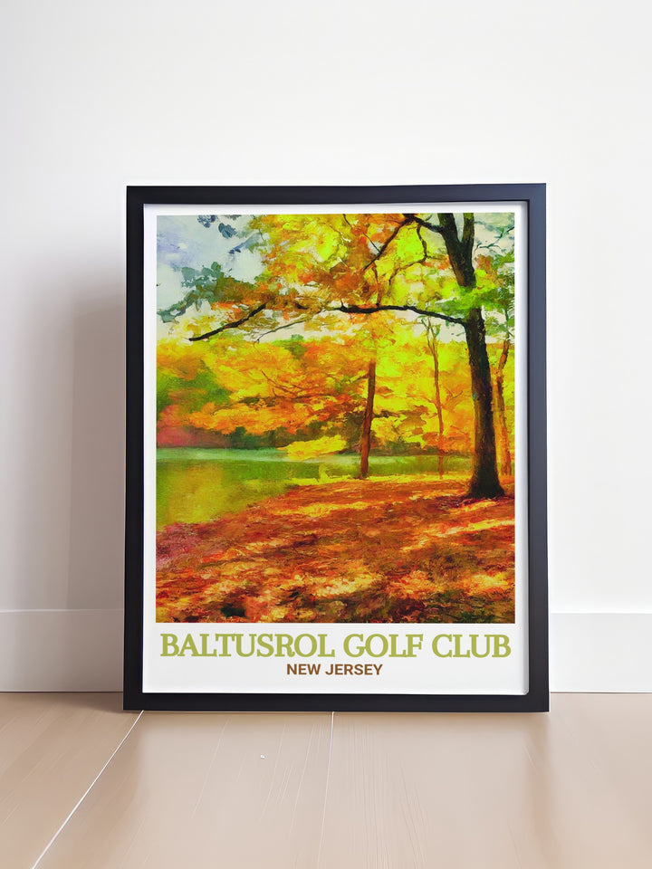 Baltusrol Golf Club Art Print showcasing the historic beauty of one of Americas most prestigious golf courses, paired with the natural serenity of Watchung Reservation. This print is perfect for golf enthusiasts and nature lovers, offering a detailed and vibrant representation of New Jerseys iconic landscapes.