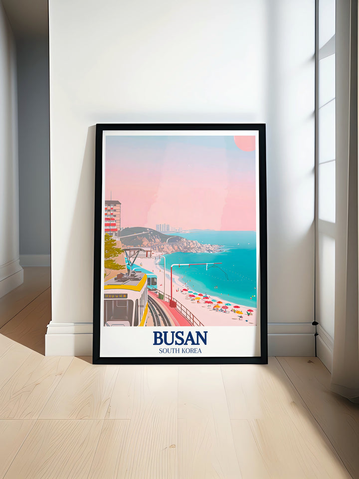 Stunning Busan poster featuring Haeundae Beach and the Haeundae Beach Train with vibrant South Korea wall art perfect for adding coastal charm and adventure to your home decor with breathtaking views of one of Busans most iconic beaches.