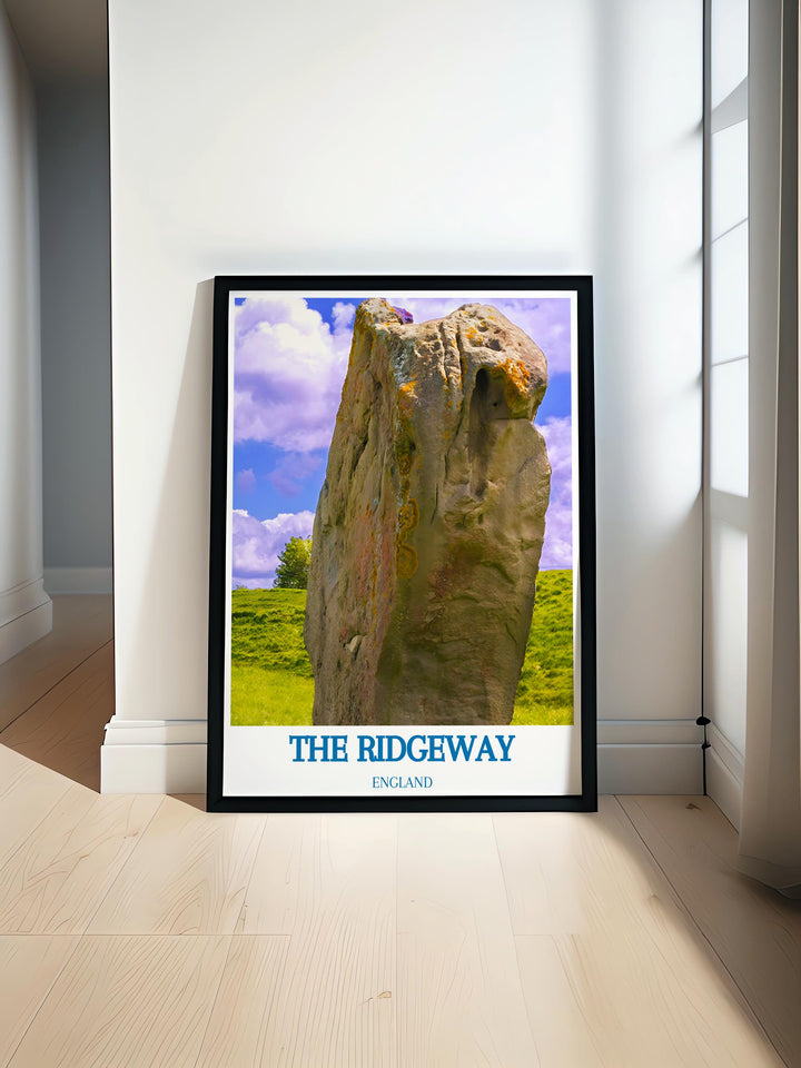 The Ridgeway Print and Avebury Stone Circle Artwork showcasing Ivinghoe Beacon and the Chilterns AONB offers a perfect addition to any modern living room decor capturing the natural beauty of the UK National Trail in stunning detail perfect for gifts and wall art lovers