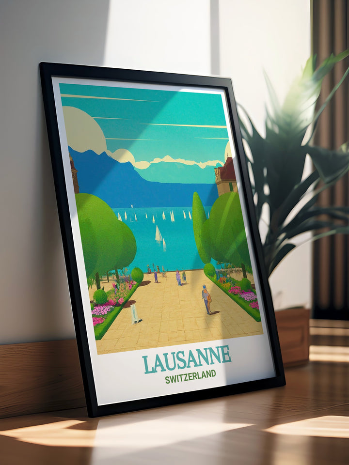 Bring the serenity of Lausannes Ouchy Promenade into your home with this art print, ideal for creating a calming and elegant atmosphere with the scenic beauty of Switzerlands lakeside views.