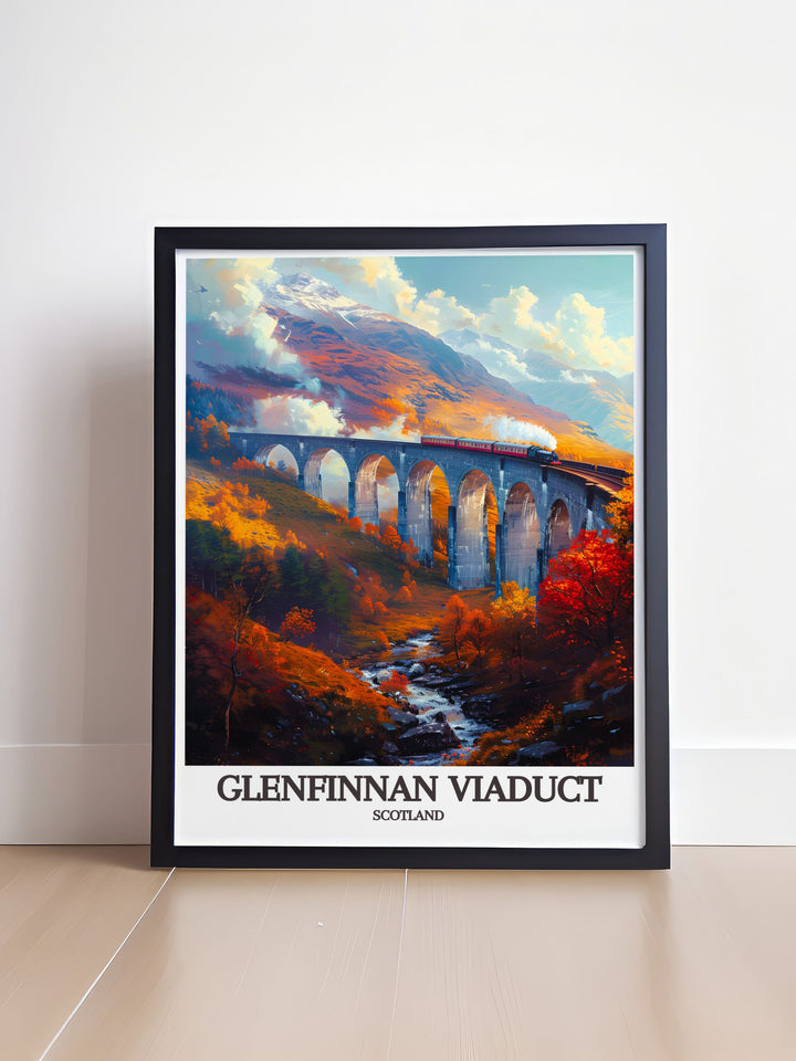 Custom print of the Glenfinnan Viaduct in Scotland, illustrating its historical significance and stunning scenery, ideal for those who appreciate the blend of history and natural beauty.