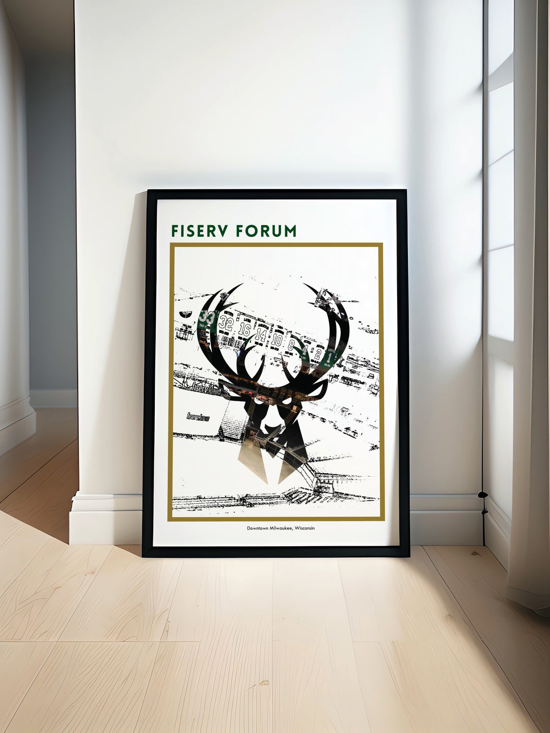 Fiserv Forum travel poster featuring Giannis Antetokounmpo and the Milwaukee Bucks stars including Khris Middleton Pat Connaughton and Brook Lopez ideal for basketball fans looking for modern wall art or unique decor for dorm rooms and living spaces